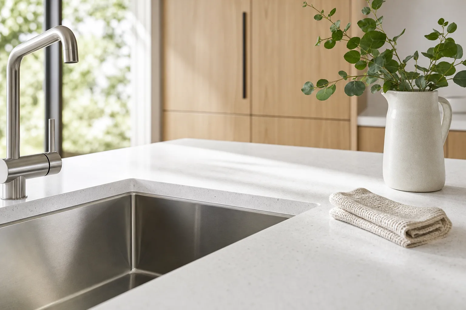 Clean kitchen counter with a stainless sink, folded cloth and a sprig of greenery
